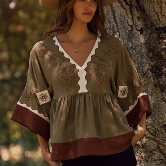 Bohemian Olive and Brown Embroidered Top - Picture 1 of 2
